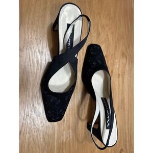 Nina Comfort Black Satin Embroidered Floral Square Toe Slingback Heels 8.5M
